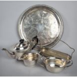 A Circular Silver Plated Salver together with a Three Piece Service Etc