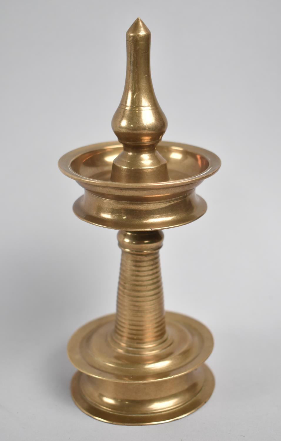 A Circular Bronze Oil Lamp, Top Section which Unscrews to become Base Stand, 17cms High