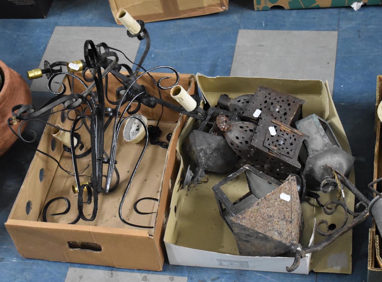 A Collection of Various Wrought Iron and Other Light Fittings, Lanterns etc (Weathered Condition