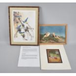 Two Framed Prints and Kangra School Painting of Krishna and Radha