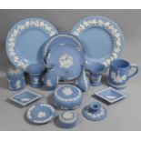 A Collection of Various Blue and White Wedgwood Jasperware to Comprise Vases, Lidded Pots, Tankard