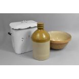 A Stoneware Bottle together with a Mixing Bowl and an Enamelled Bread Bin (Condition Issues)