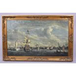 A Large Gilt Framed Print On Canvas, Sea Battle, 99x59cm