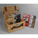 A Modern Regency Wicker Picnic Hamper Containing Seven Printed Metal Wall Hangings