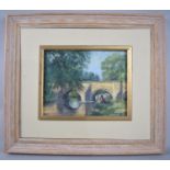 A Framed Oil on Board Depicting Seated Girl Beside Bridge, Signed Hawkesford '92, 23x18cm