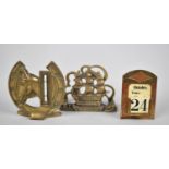 A French Gilt Metal Desk Calendar, Small Letter Rack and Desktop Thermometer with Horses Head and