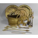 A Collection of Various Brass to comprise Pressed Chargers, Coal Bucket, Fire Companion Set Etc