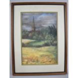 A Framed Chalk Study, Sheep in Landscape with Church in Background, 26x38cm