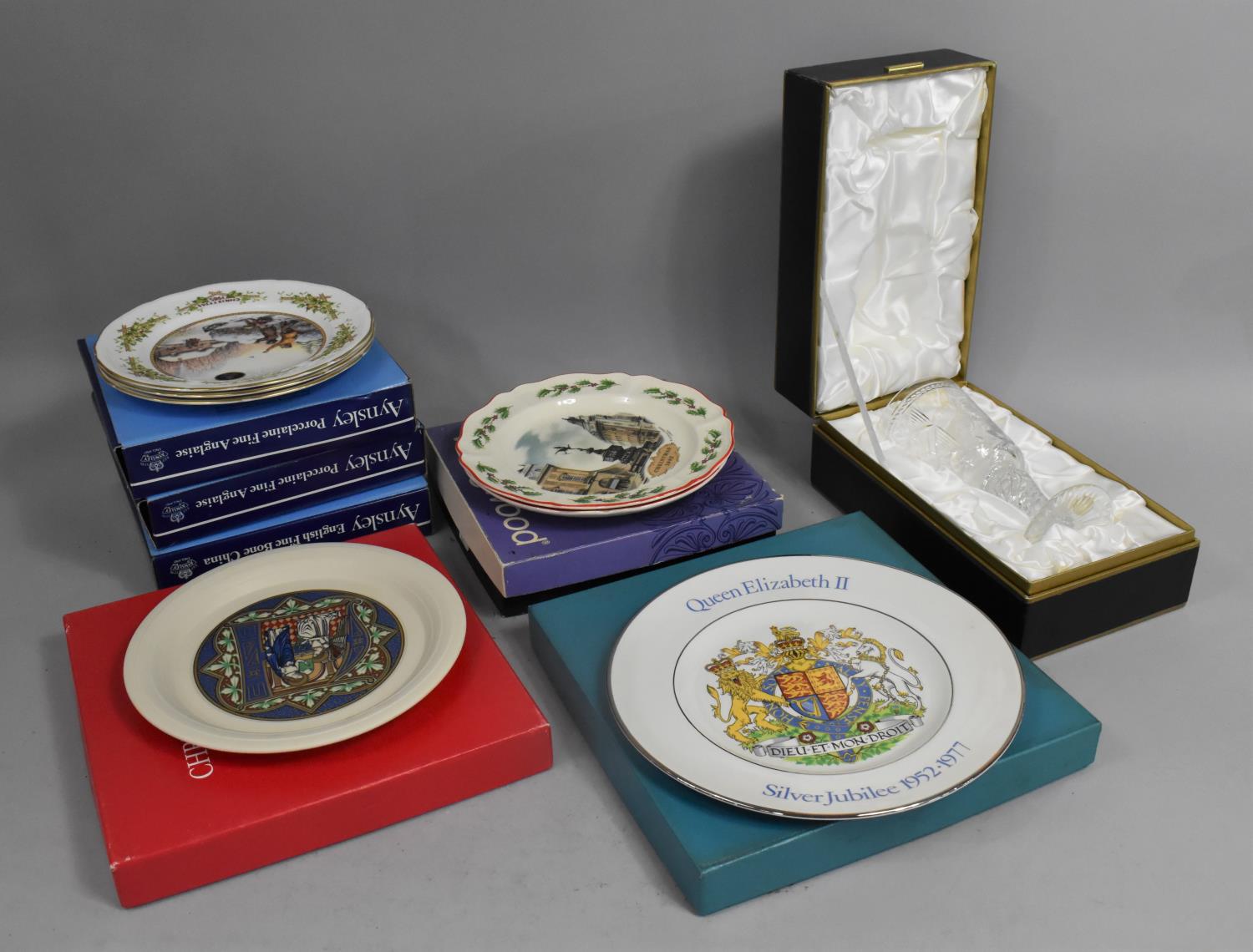 A Collection of Various Boxed Plates to Comprise Aynsley, Wedgwood together with a Minton Crystal