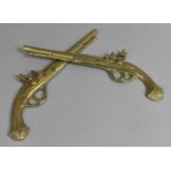 A Pair of Wall Hanging Brass Half Replicas of Flintlock Pistols, 34cm Long