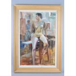 A Framed Oil on Board, Nude on Stool in Studio