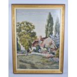 A Gilt Framed Tapestry, House and Garden, 47x67cm