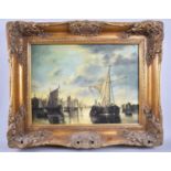 A Gilt Framed Textured Print, Continental Harbour Scene, 40x29cm