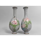 A Pair of Japanese Vases of Elogated Baluster Form with Flared Necks Decorated with Bird in Flight