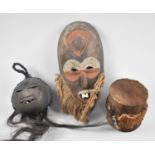 An African Tribal Face Mask and Head Figure with Real Teeth, Together with an Animal Skin Small Drum