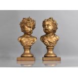 A Pair of Cast Gilt Spelter Busts of Classical Children on the Square Plinth Bases, Signed, 31cms
