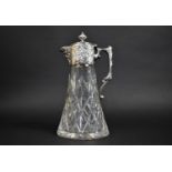 A Nice Quality Cut Glass Claret Jug with Silver Plated Mask Head Mount having Hinged Lid, 28cms