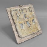 An Egyptian Plaster Fragment, Mounted on Wooden Panel with Remains of Polychrome Painted Decoration,