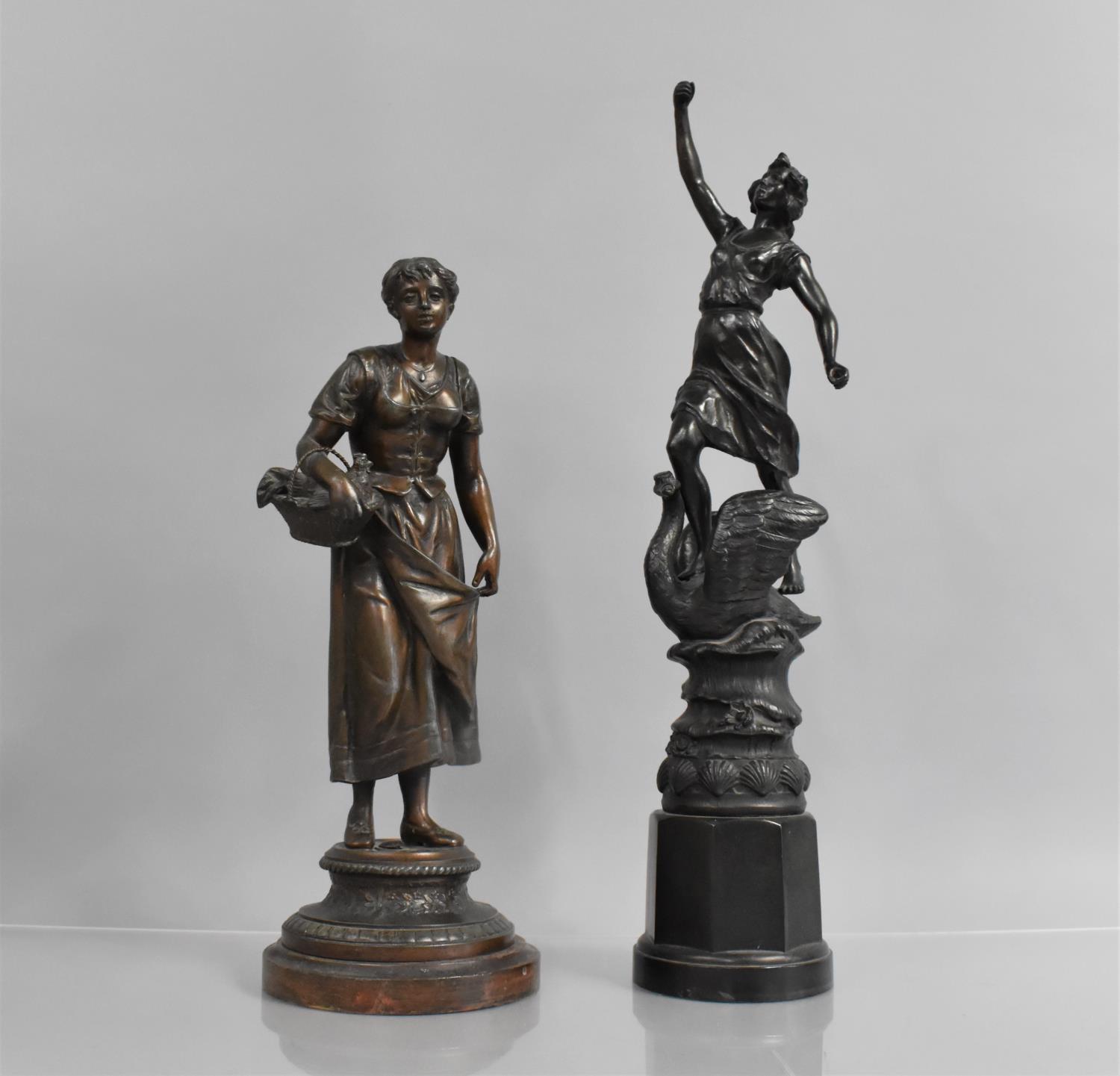 Two Late Victorian/Edwardian Patinated Spelter Figures, Maiden Standing on Swan and Maiden