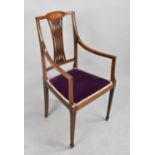An Edwardian String Inlaid Mahogany Armchair with Pierced Splat, Tapering Square Legs and Spade