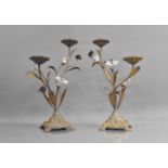 A Pair of Modern Metal and Ceramics Two Branch Candlesticks in the Form of Flowers, 40cms High
