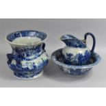 A Reproduction Blue and White Toilet Jug and Bowl Together with a Two Handled Pot, 24cm high