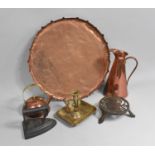 A Collection of Various Metalwares to Comprise Copper Jug, Charger, Brass Bed Chamber Stick,