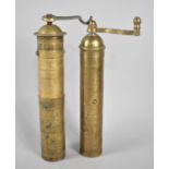 Two Etched Brass Cylindrical Coffee/Spice Grinders, Made in Greece, 25cms High