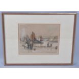 A Framed Henry Walker Coloured Engraving, Unloading Fishing Barges in Harbour, 25x20cm