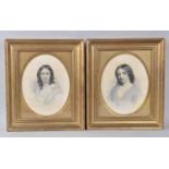 A Pair of Gilt Framed Oval Engravings of Maidens, 21x16cms