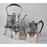 An Edwardian Engraved Silver Plate Four Piece Tea Service to Comprise Tall Spirit Kettle on Stand