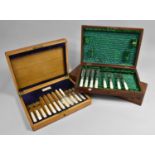 Two Oak Cased Canteens Containing Mother of Pearl Handled Fish Knives and Forks, the one