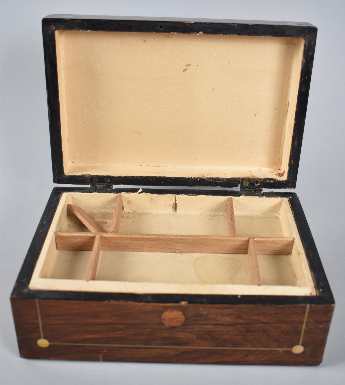 A Late 19th century Rosewood Work Box with Mother of Pearl String and Disc Inlay, one Hinge Requires - Image 2 of 2