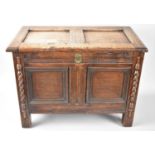 An Edwardian Small Oak Two Panel Coffer with Hinged Lid and Barley Twist Moulding to Front, 54cms
