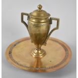 A French Bronze Desk Top Inkwell in the Form of a Two Handled Vase on Circular Tray, Only Traces