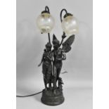 A Modern Bronze Effect Resin Figural Two Branch Table Lamp, Cupid with Maiden, 66cms High