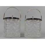 A Pair of Silver Plate Topped Cut Glass Biscuit Barrels with Loop Handles, 12cms Diameter