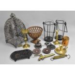 A Collection of Various Metalwares to comprise Pierced Bowl, Hurricane Lamps, Brass Tap,