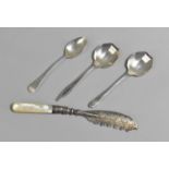 A Collection of Three Silver Spoons and a Silver Bladed Mother of Pearl Handled Butter Knife