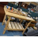 A Pine Workbench with Fitted Power Drill together with Black and Decker Superlok and a Drill,