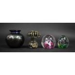 Three Glass Paperwieghts to Comprise Mdina Mushroom Together with a Iridescent Art Glass Vase