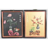 A Pair of Chinese Polished Stone Pictures, Vases of Flowers, Each 26x33cms