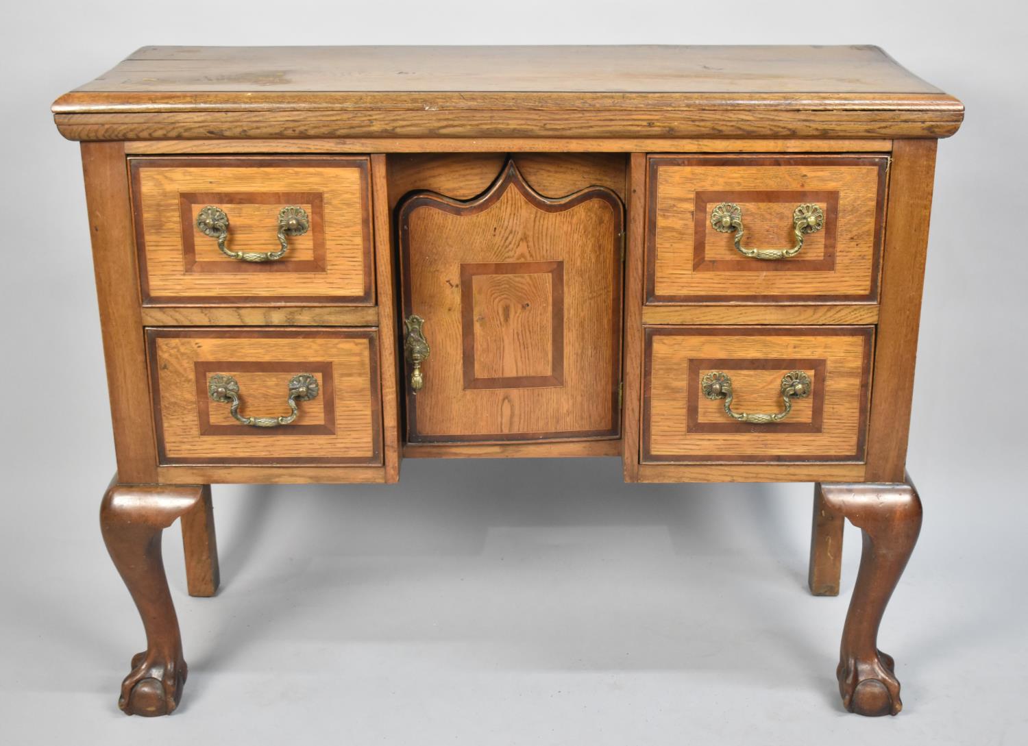 A Nice Quality Edwardian Oak Lowboy, Drawers and Cupboard Door with Mahogany Banding, Brass Drop