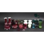 A Collection of Various 19th Century and Later Coloured Glass to Comprise Cranberry Glass Vases,