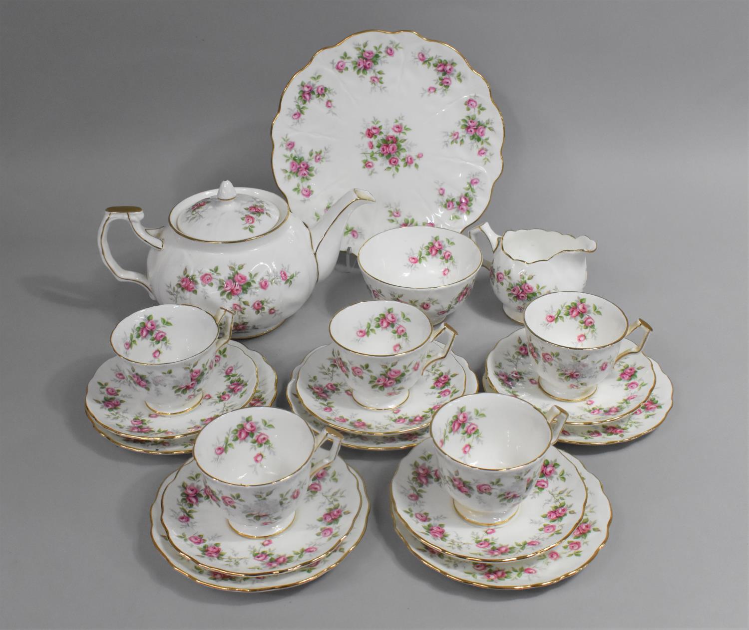 An Aynsley Grotto Rose Teaset to Comprise Five Cups, Teapot, Saucers, Side Plates and a Cakeplate