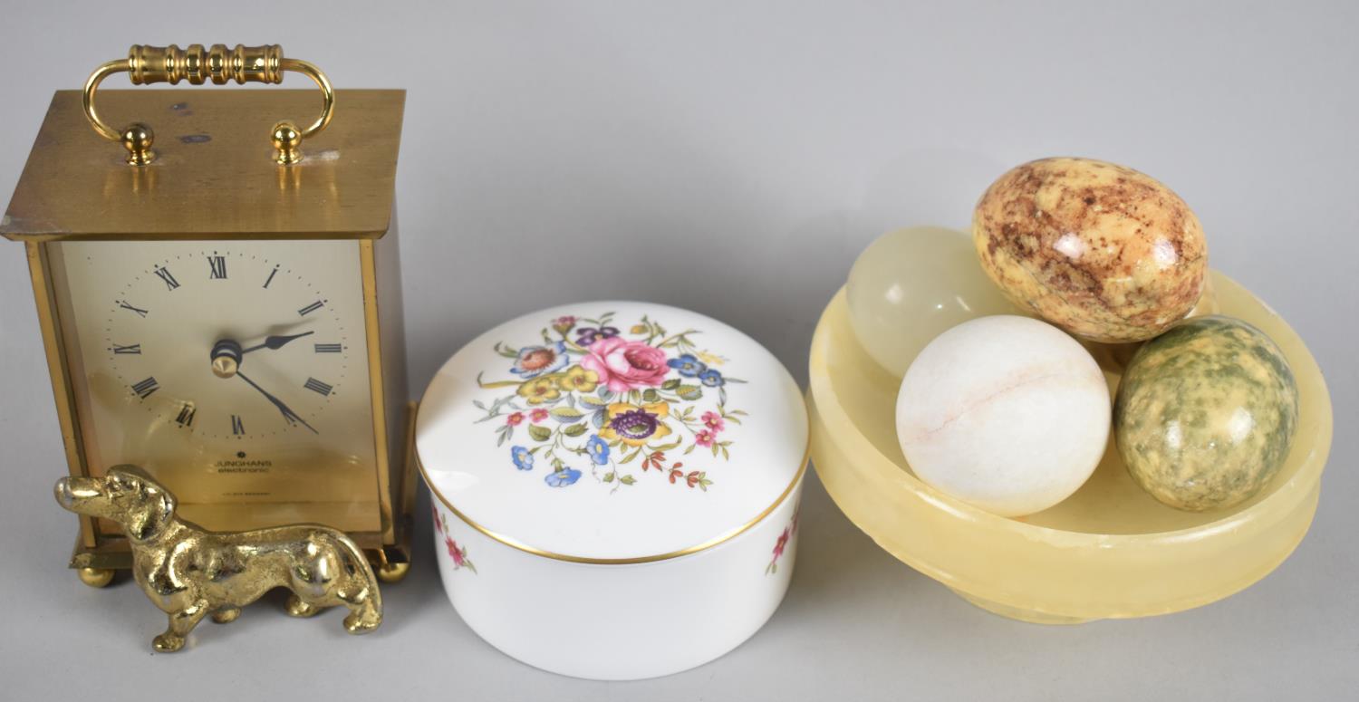 A Collection of Sundries to include Onyx Eggs and Circular Bowl, Junghans Modern Carriage Clock with