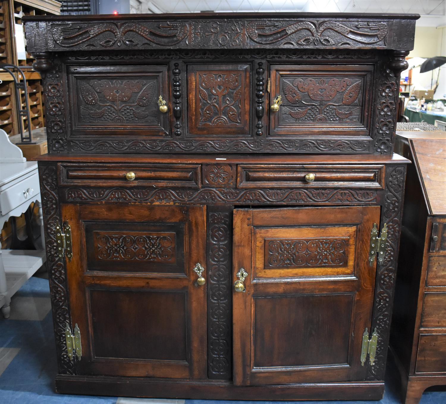 An Early Oak Court Cupboard of Good Colour with Two Drawers over Shelved Cupboard Base, Raised Top