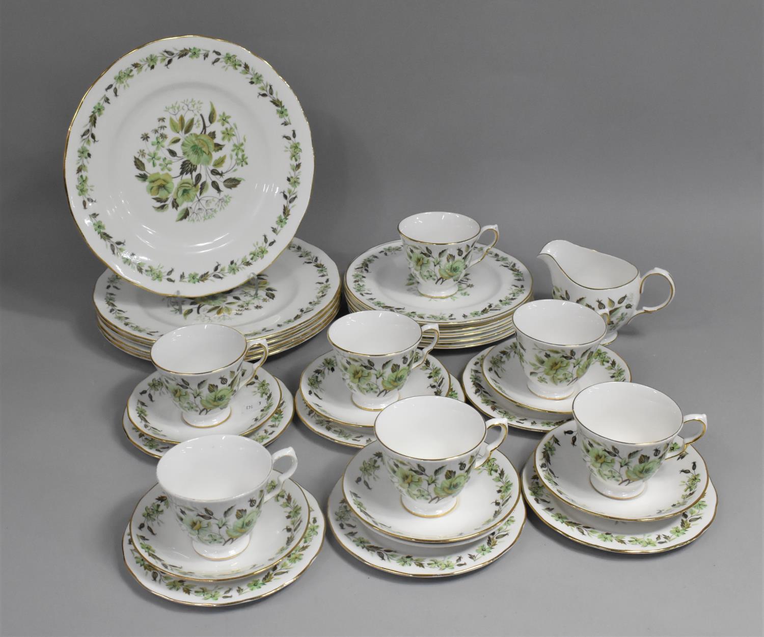 A Colclough Green Floral and Gilt Trim Service to Comprise Dinner Plates, Cups, Saucers etc