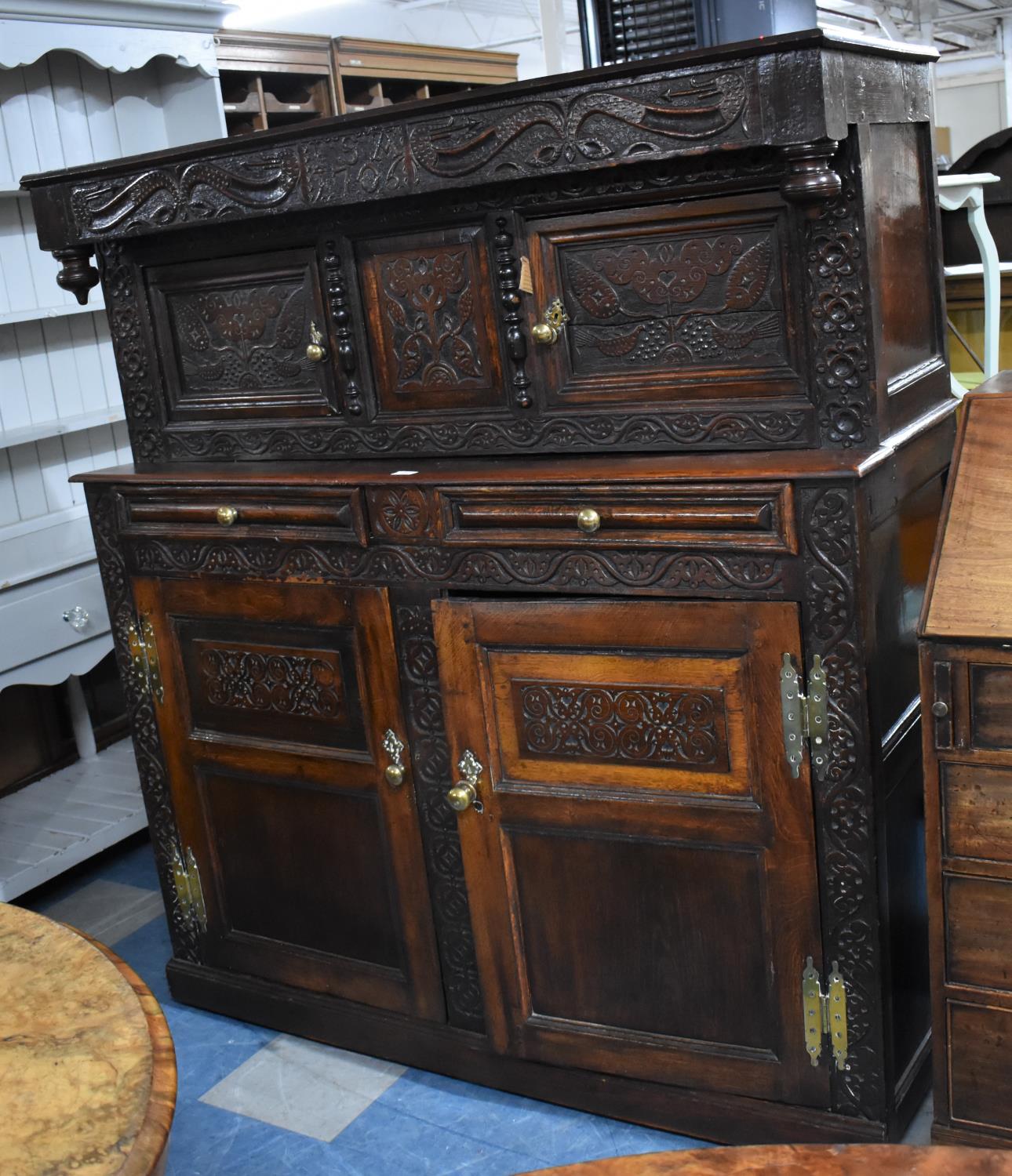 An Early Oak Court Cupboard of Good Colour with Two Drawers over Shelved Cupboard Base, Raised Top - Bild 2 aus 2