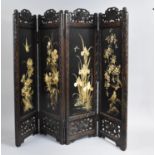 An Oriental Four Fold Silk Embroidered Screen in Carved and Pierced Wooden Frame, Some Panels AF,